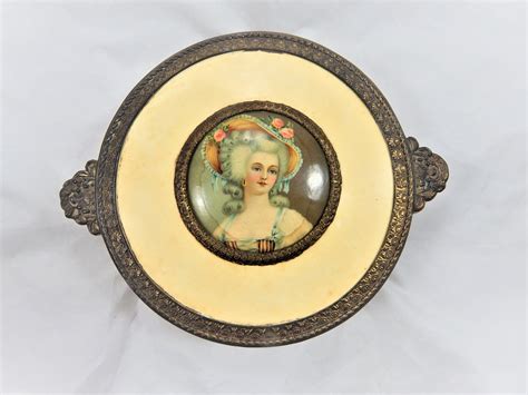 pncw metal brass trinket box with lady|Vintage PNCW Brass Metal Vanity Powder Trinket .